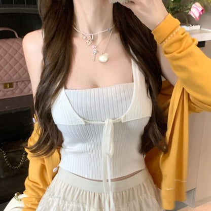 Plain Tie Front Ribbed Crop Knit Tank Top / Round Neck Contrast Stitching Cardigan