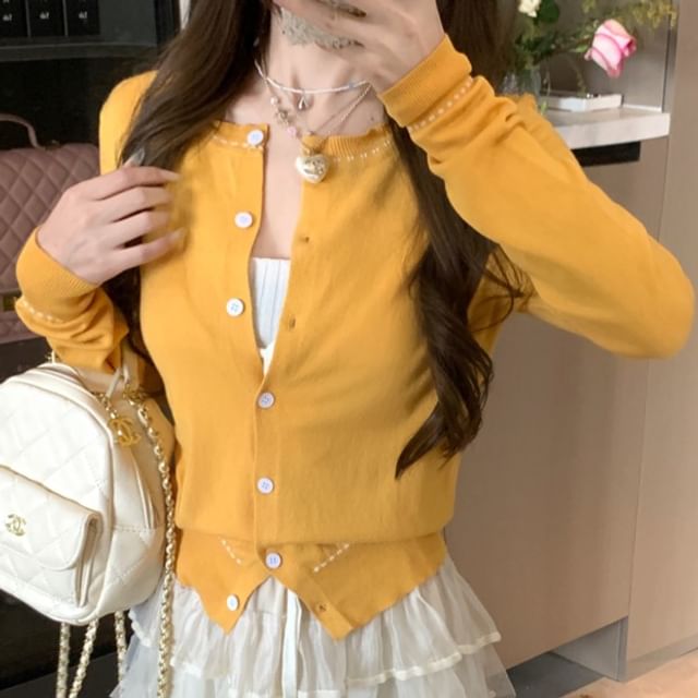 Plain Tie Front Ribbed Crop Knit Tank Top / Round Neck Contrast Stitching Cardigan