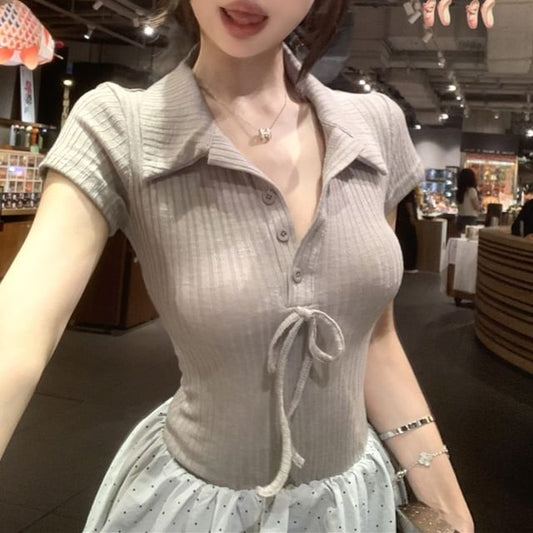 Mock Two-Piece Short-Sleeve Collar Bow Ribbed Knit Panel Bubble Hem Mini A-Line Dress