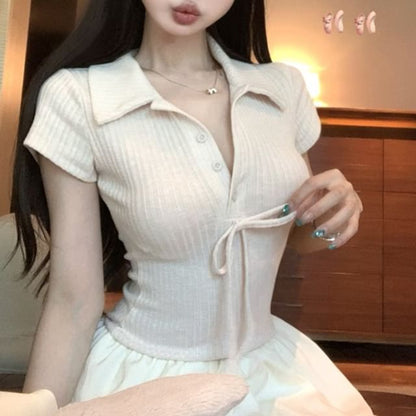 Mock Two-Piece Short-Sleeve Collar Bow Ribbed Knit Panel Bubble Hem Mini A-Line Dress