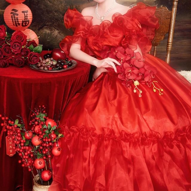 Gown Evening A-Line Ruffled Off-Shoulder