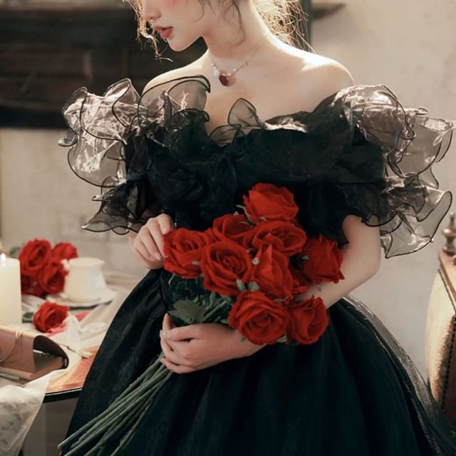 Gown Evening A-Line Ruffled Off-Shoulder