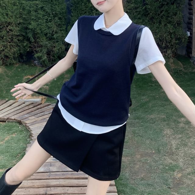 Short Sleeve Collared Plain Shirt / Round Neck Plain Sweater Vest / High Waist Plain Mini A-Line Skirt