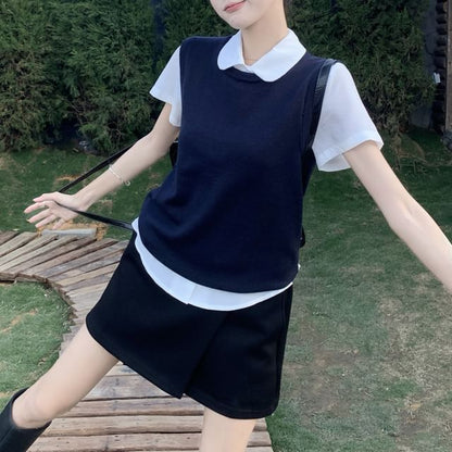 Short Sleeve Collared Plain Shirt / Round Neck Plain Sweater Vest / High Waist Plain Mini A-Line Skirt