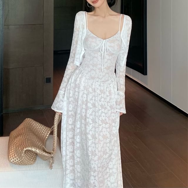 Spaghetti Strap Floral Jacquard Maxi A-Line Dress / Bolero