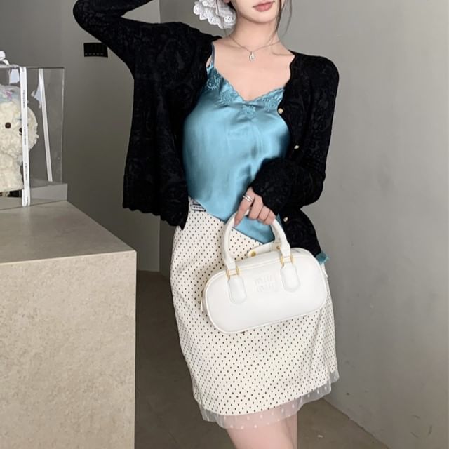 V-Neck Plain Embroidered Satin Cami Top / Plain Cardigan / High Rise Dotted Mini Pencil Skirt