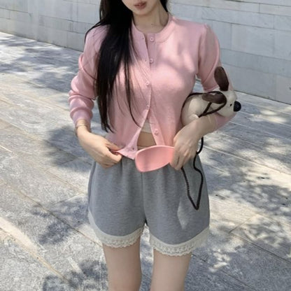 Round Neck Plain Cardigan / V-Neck Plain Padded Panel Lace Camisole Top / High Waist Panel Lace Sweat Shorts