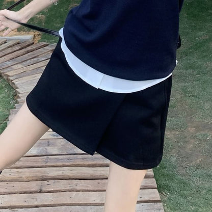 Short Sleeve Collared Plain Shirt / Round Neck Plain Sweater Vest / High Waist Plain Mini A-Line Skirt