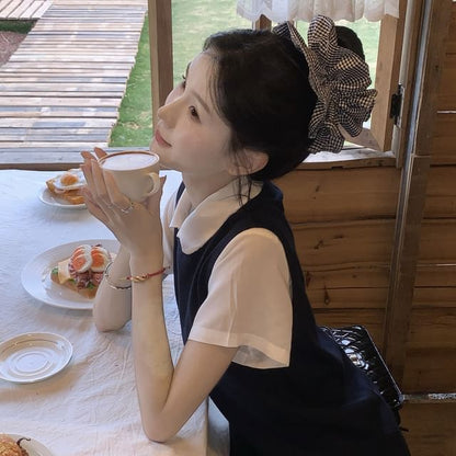 Short Sleeve Collared Plain Shirt / Round Neck Plain Sweater Vest / High Waist Plain Mini A-Line Skirt