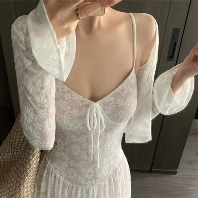 Spaghetti Strap Floral Jacquard Maxi A-Line Dress / Bolero