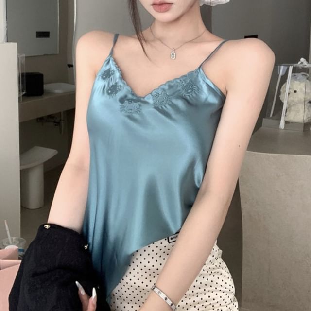 V-Neck Plain Embroidered Satin Cami Top / Plain Cardigan / High Rise Dotted Mini Pencil Skirt