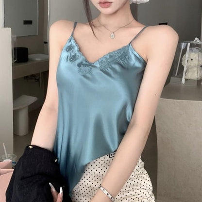 V-Neck Plain Embroidered Satin Cami Top / Plain Cardigan / High Rise Dotted Mini Pencil Skirt