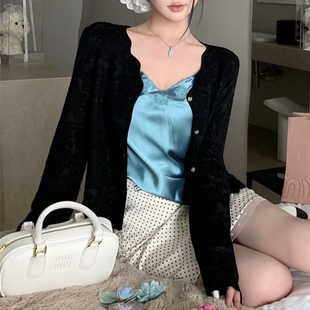 V-Neck Plain Embroidered Satin Cami Top / Plain Cardigan / High Rise Dotted Mini Pencil Skirt