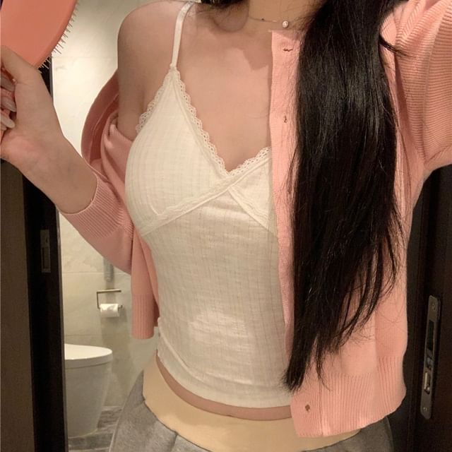 Round Neck Plain Cardigan / V-Neck Plain Padded Panel Lace Camisole Top / High Waist Panel Lace Sweat Shorts