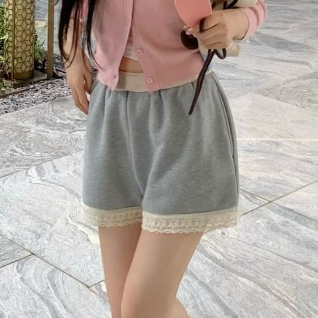 Round Neck Plain Cardigan / V-Neck Plain Padded Panel Lace Camisole Top / High Waist Panel Lace Sweat Shorts