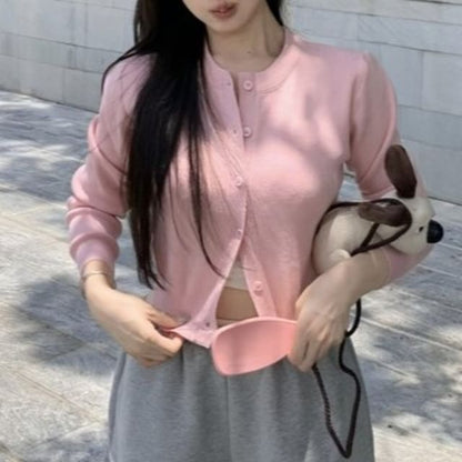 Round Neck Plain Cardigan / V-Neck Plain Padded Panel Lace Camisole Top / High Waist Panel Lace Sweat Shorts