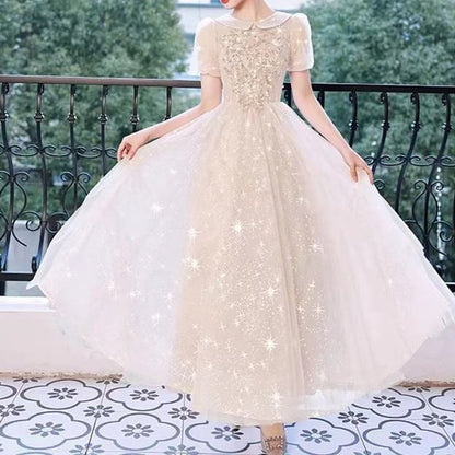 Short Sleeve Collared Sequin Embroidered Mesh A-Line Cocktail Dress (Various Designs)
