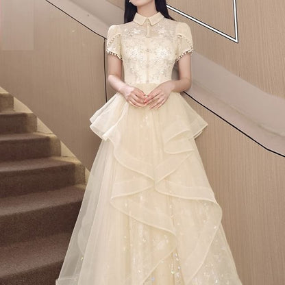 Short Sleeve Collared Floral Embroidered Ruffle Mesh A-Line Cocktail Dress (Various Designs)