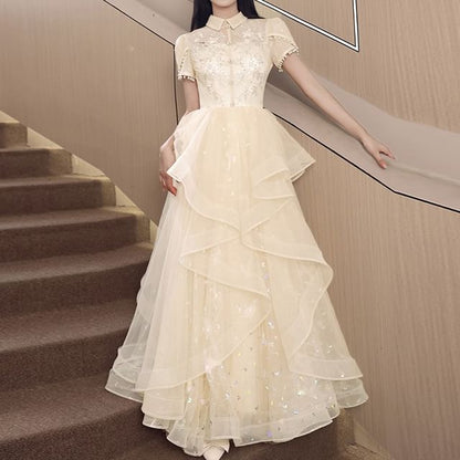 Short Sleeve Collared Floral Embroidered Ruffle Mesh A-Line Cocktail Dress (Various Designs)