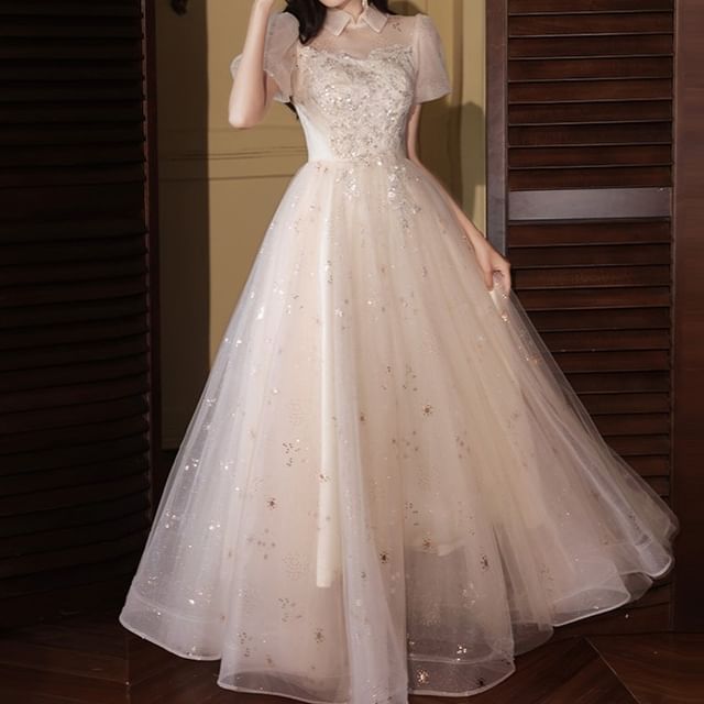 Short Sleeve Collared Sequin Embroidered Ruffle Mesh A-Line Cocktail Dress (Various Designs)