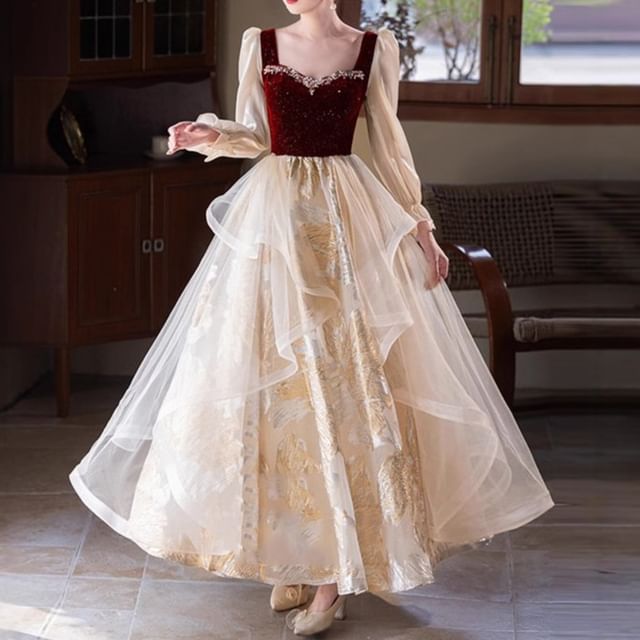 Long Sleeve Sweetheart Neck Rhinestone Ruffle Jacquard Panel Mesh A-Line Evening Dress