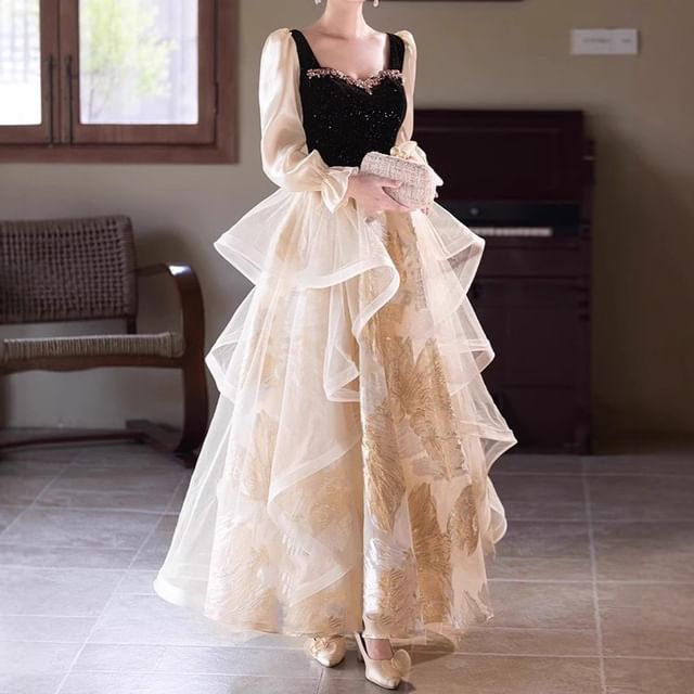 Long Sleeve Sweetheart Neck Rhinestone Ruffle Jacquard Panel Mesh A-Line Evening Dress