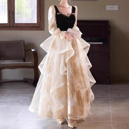 Long Sleeve Sweetheart Neck Rhinestone Ruffle Jacquard Panel Mesh A-Line Evening Dress