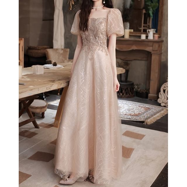 Short Sleeve Square Neck Sequin Embroidered Mesh A-Line Cocktail Dress (Various Designs)