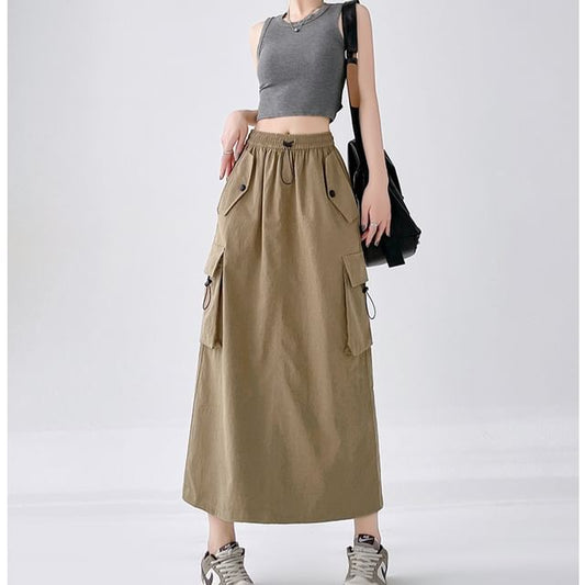Drawstring Waist Plain Slit Midi A-Line Cargo Skirt