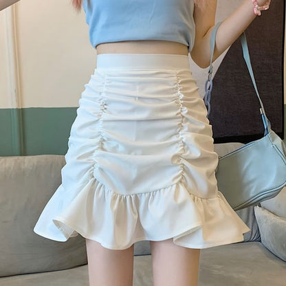 High Waist Plain Ruched Mini Pencil Skirt
