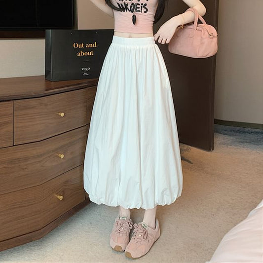 High Waist Plain Bubble Hem Midi A-Line Skirt