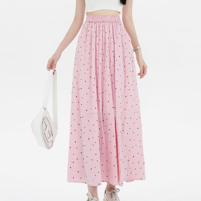 Elastic Waist Dotted Midi A-Line Skirt