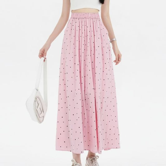 Elastic Waist Dotted Midi A-Line Skirt