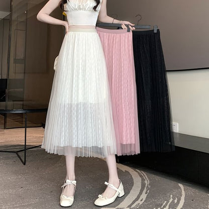 High Waist Plain Accordion Pleated Mesh Midi A-Line Skirt