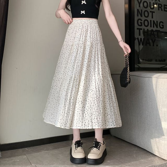 Elastic Waist Dotted Tiered Midi A-Line Skirt