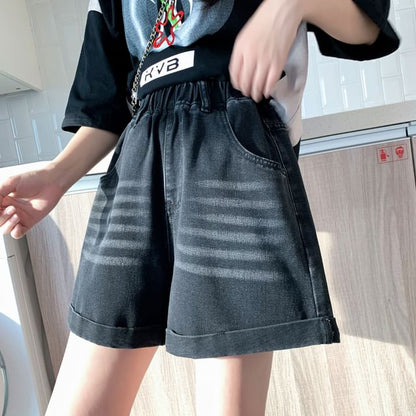 Elastic Waist Washed Denim Shorts