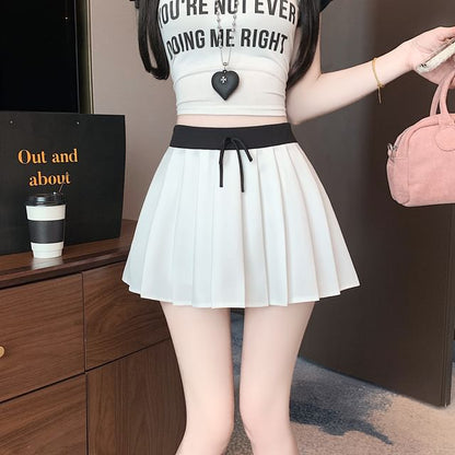 Drawstring Waist Contrast Trim Pleated Mini A-Line Skirt