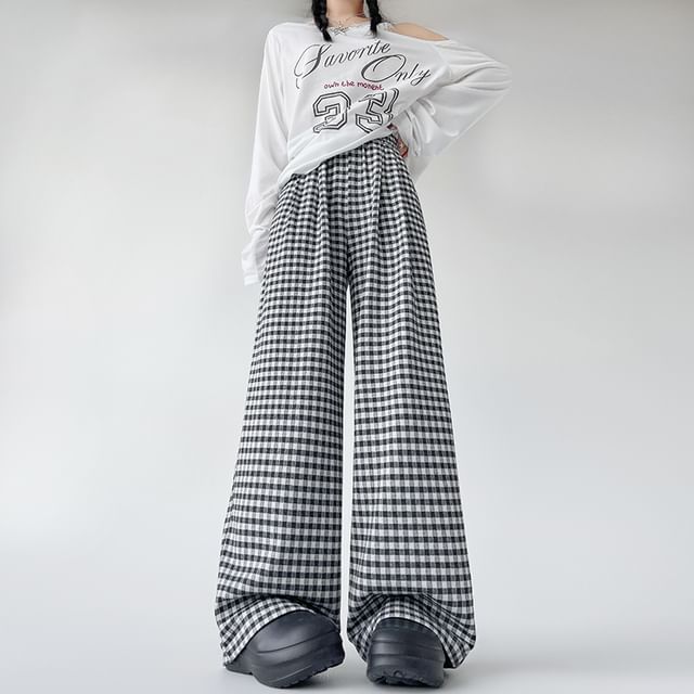 Elastic Waist Plaid Wide Leg Pants (Various Designs)