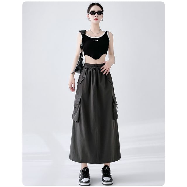 Drawstring Waist Plain Slit Midi A-Line Cargo Skirt