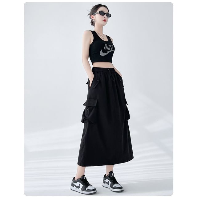 Drawstring Waist Plain Slit Midi A-Line Cargo Skirt