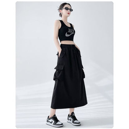 Drawstring Waist Plain Slit Midi A-Line Cargo Skirt