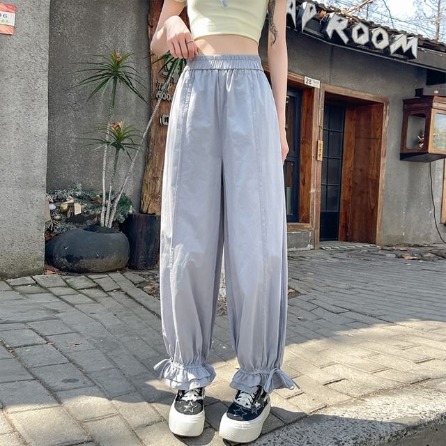 Elastic Waist Plain Bow Ruffle Trim Cropped Harem Pants