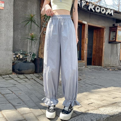 Elastic Waist Plain Bow Ruffle Trim Cropped Harem Pants