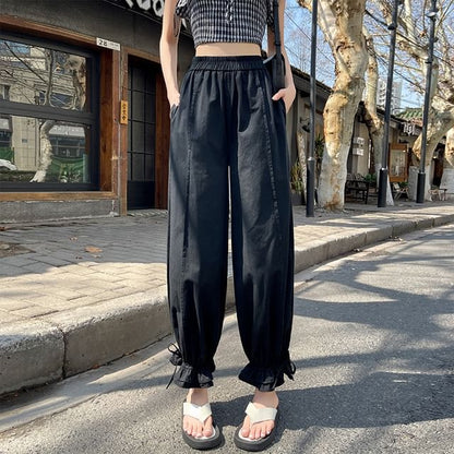 Elastic Waist Plain Bow Ruffle Trim Cropped Harem Pants