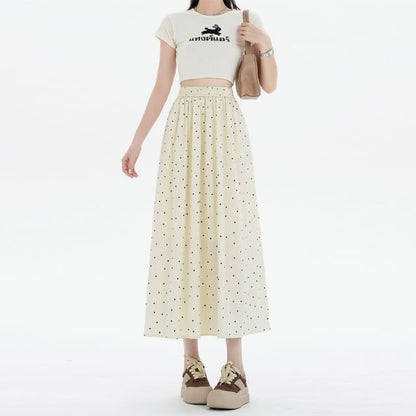 Elastic Waist Dotted Midi A-Line Skirt
