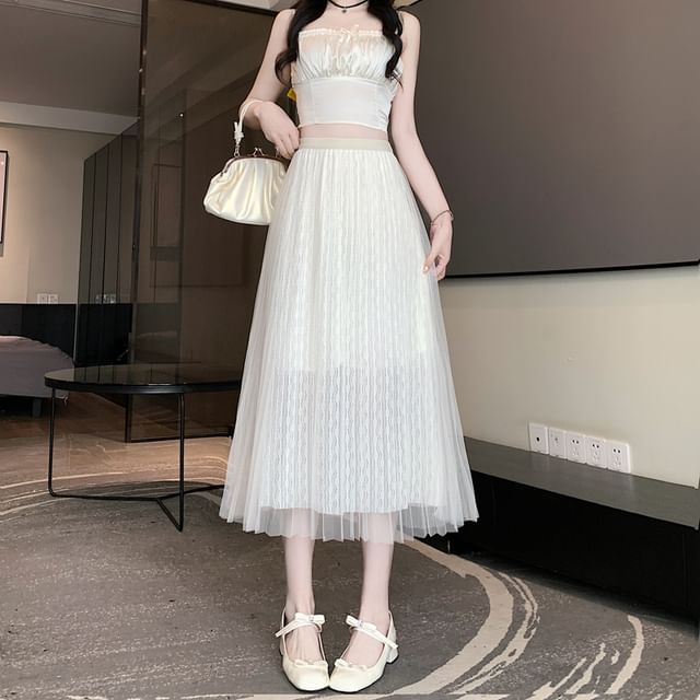 High Waist Plain Accordion Pleated Mesh Midi A-Line Skirt