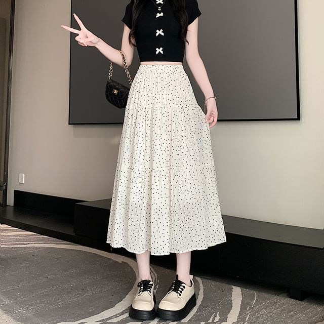 Elastic Waist Dotted Tiered Midi A-Line Skirt