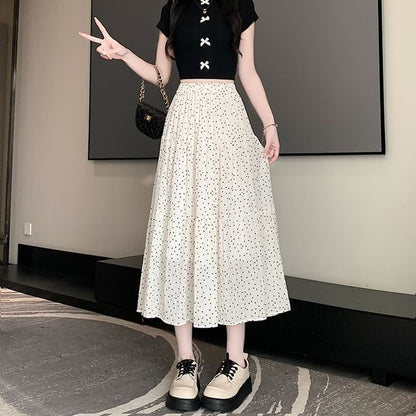 Elastic Waist Dotted Tiered Midi A-Line Skirt