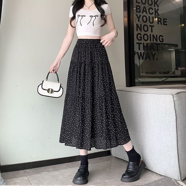 Elastic Waist Dotted Tiered Midi A-Line Skirt