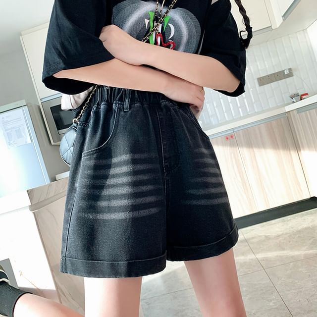 Elastic Waist Washed Denim Shorts